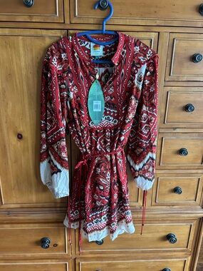FARM Rio Red Printed Long-Sleeve Mini Dress